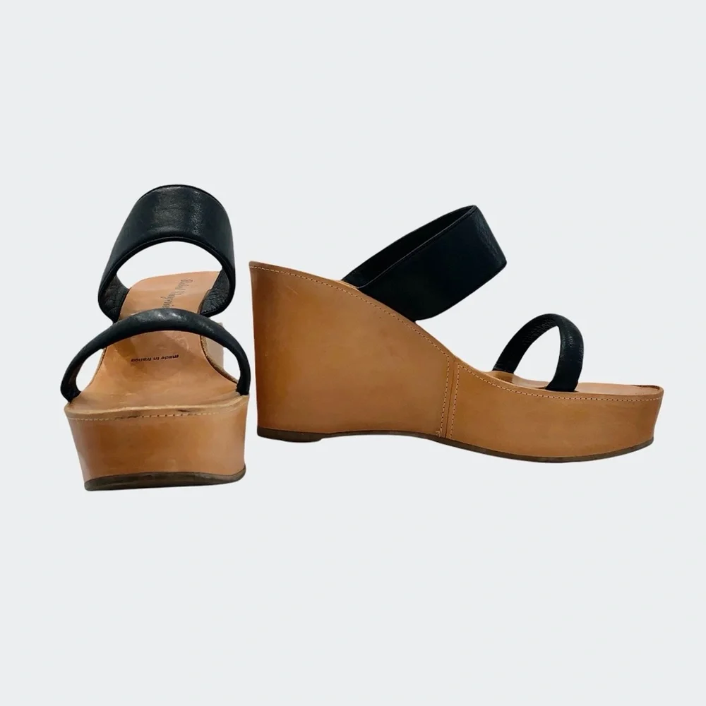 ROBERT CLERGERIE BLACK & TAN LEATHER PLATFORM WEDGES SIZE 8.5